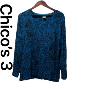 CHICOS women’s  blue and black snakeskin print long sleeve top size 3 GUC